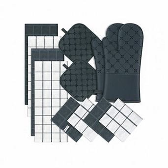 12 pc Kitchen Essentials Set: Oven Mitts Pot Holders Towels Dishcloths Heat Resistant Non-slip