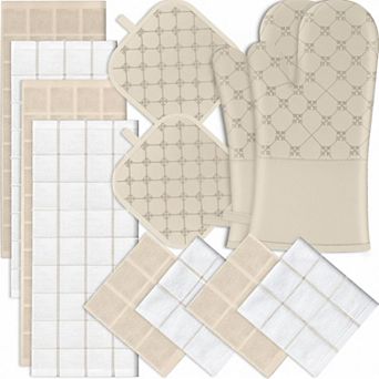 12 pc Kitchen Essentials Set: Oven Mitts Pot Holders Towels Dishcloths Heat Resistant Non-slip
