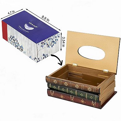 Retro Wooden Stacked Books Tissue Box Cover Rectangular Holder Dispenser Home Decor