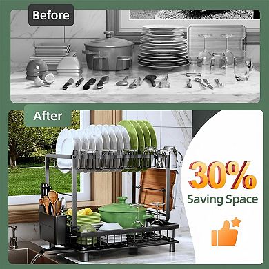 2 Tier Dish Drying Rack Carbon Steel Rustproof w/Drainboard Utensil Cup Cutting Board Holder Space