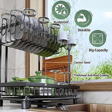 2 Tier Dish Drying Rack Carbon Steel Rustproof w/Drainboard Utensil Cup Cutting Board Holder Space