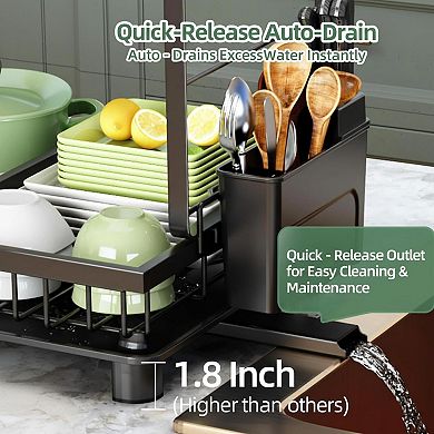 2 Tier Dish Drying Rack Carbon Steel Rustproof w/Drainboard Utensil Cup Cutting Board Holder Space