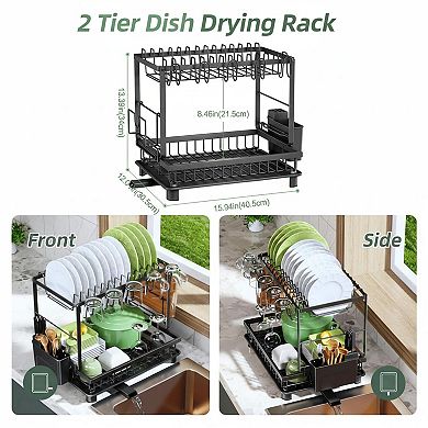 2 Tier Dish Drying Rack Carbon Steel Rustproof w/Drainboard Utensil Cup Cutting Board Holder Space