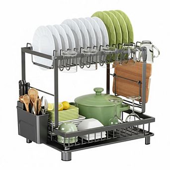 2 tier Dish Drying Rack Carbon Steel Rustproof w/Drainboard Utensil Cup Cutting Board Holder Space