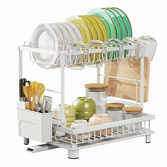 2 tier Dish Drying Rack Carbon Steel Rustproof w/Drainboard Utensil Cup Cutting Board Holder Space