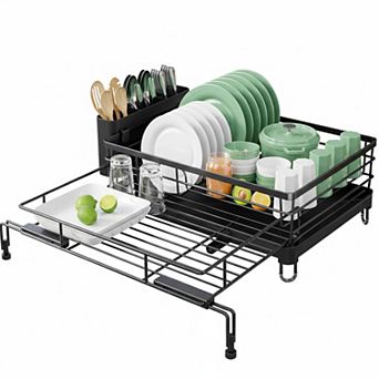 Extendable Dish Drying Rack Rust-resistant Adjustable Support Cutlery Holder Removable Draining Tray