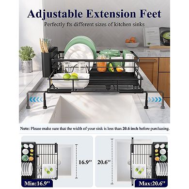 Extendable Dish Drying Rack Rust-resistant Adjustable Support Cutlery Holder Removable Draining Tray