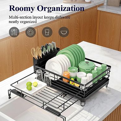 Extendable Dish Drying Rack Rust-resistant Adjustable Support Cutlery Holder Removable Draining Tray