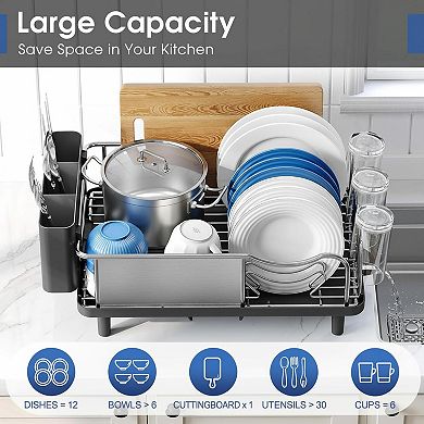 304 Stainless Steel Large Dish Drying Rack w/ Drain Board, Utensil Holder, Detachable Cup Shelf