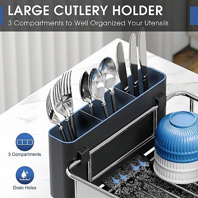 304 Stainless Steel Large Dish Drying Rack w/ Drain Board, Utensil Holder, Detachable Cup Shelf