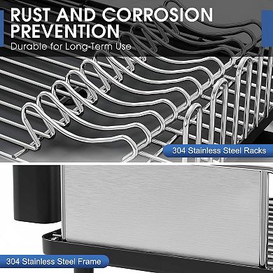 304 Stainless Steel Large Dish Drying Rack w/ Drain Board, Utensil Holder, Detachable Cup Shelf