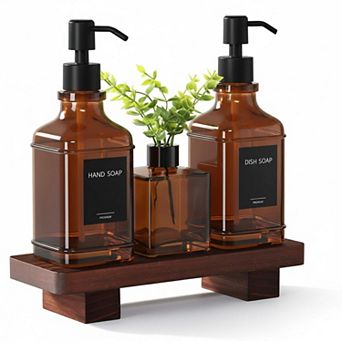 Modern Kitchen Soap Dispenser Set: Wood Tray, Glass Dispensers, Pumps Bathroom Decor Upgrade