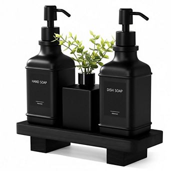 Modern Kitchen Soap Dispenser Set: Wood Tray, Glass Dispensers, Pumps Bathroom Decor Upgrade