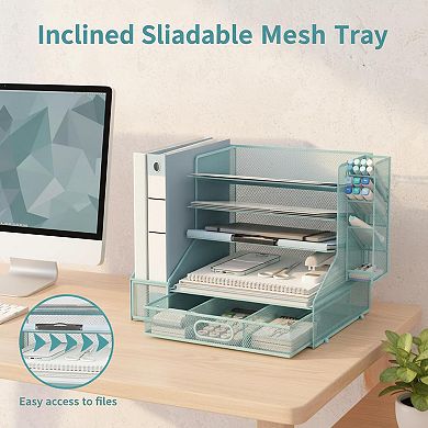Desk Organizer 5 Tier Sliding Trays 3 Tilted Sorter File Holder Pen Drawer Office Supplies