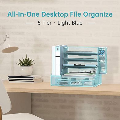 Desk Organizer 5 Tier Sliding Trays 3 Tilted Sorter File Holder Pen Drawer Office Supplies