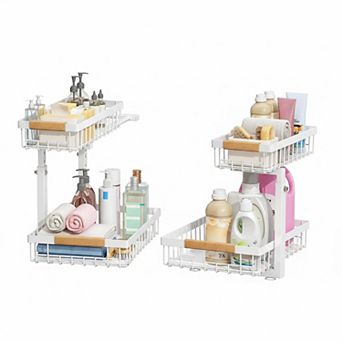 2 tier Under Sink Organizer Sliding Drawer Adjustable Height Heavy Duty 50lbs Capacity