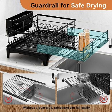 Expandable Dish Drying Rack Large Capacity Rust-proof Utensil Holder Automatic Drainage Adjustable