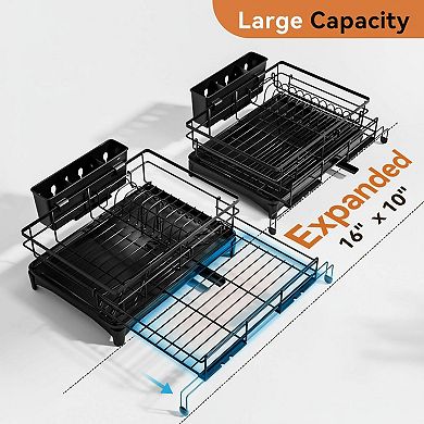 Expandable Dish Drying Rack Large Capacity Rust-proof Utensil Holder Automatic Drainage Adjustable