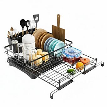 Expandable Dish Drying Rack Large Capacity Rust-proof Utensil Holder Automatic Drainage Adjustable