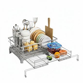 Expandable Dish Drying Rack Large Capacity Rust-proof Utensil Holder Automatic Drainage Adjustable