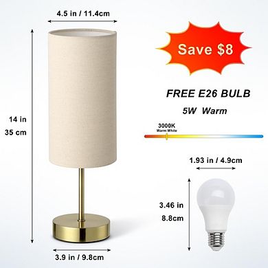 Small Table Lamp with Fabric Shade and Wood Base, Modern Bedside Lamp