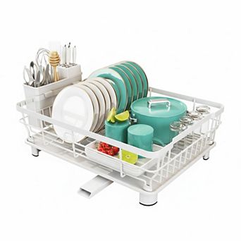 Dish Drying Rack Space-Saving Kitchen Counter Rustproof Drainer Removable Utensil Holder Efficient