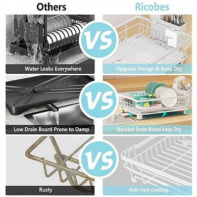 Dish Drying Rack Space-Saving Kitchen Counter Rustproof Drainer Removable Utensil Holder Efficient