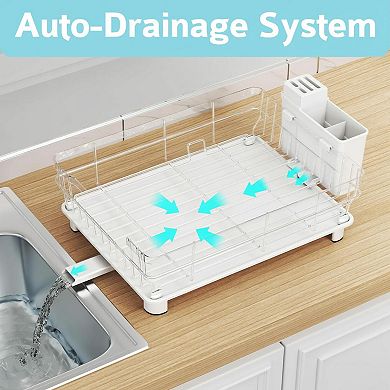 Dish Drying Rack Space-Saving Kitchen Counter Rustproof Drainer Removable Utensil Holder Efficient