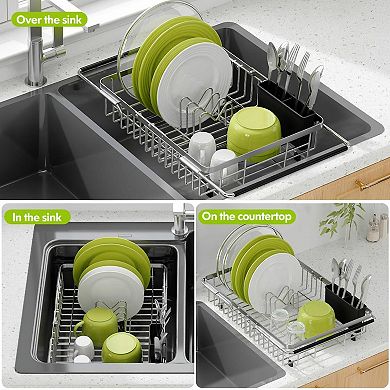 Stainless Steel Dish Drying Rack Over Sink with Utensil Holder Adjustable