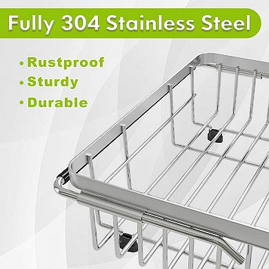 Stainless Steel Dish Drying Rack Over Sink with Utensil Holder Adjustable