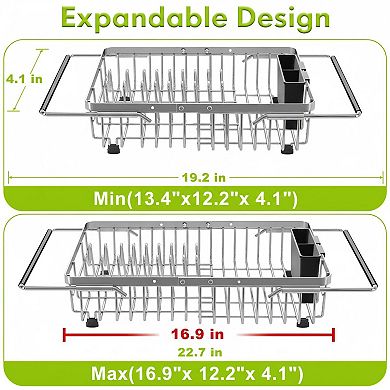 Stainless Steel Dish Drying Rack Over Sink with Utensil Holder Adjustable