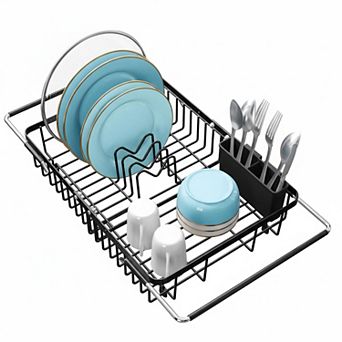 Stainless Steel Dish Drying Rack Over Sink with Utensil Holder Adjustable