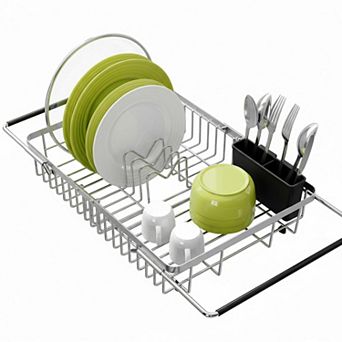 Stainless Steel Dish Drying Rack Over Sink with Utensil Holder Adjustable
