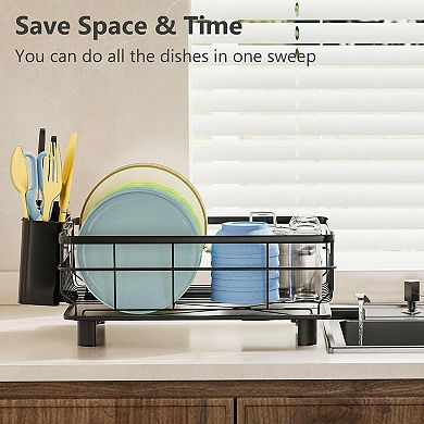 Iron Dish Drying Rack Auto Drain Tray Removable Cutlery Basket Kitchen Counter Strainer