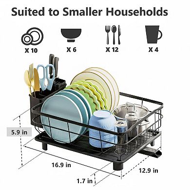 Iron Dish Drying Rack Auto Drain Tray Removable Cutlery Basket Kitchen Counter Strainer