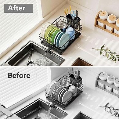 Iron Dish Drying Rack Auto Drain Tray Removable Cutlery Basket Kitchen Counter Strainer