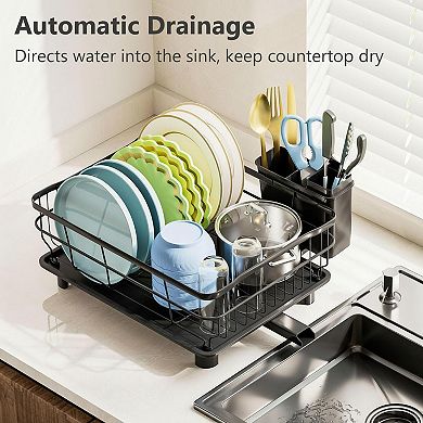 Iron Dish Drying Rack Auto Drain Tray Removable Cutlery Basket Kitchen Counter Strainer