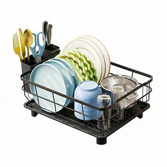 Iron Dish Drying Rack Auto Drain Tray Removable Cutlery Basket Kitchen Counter Strainer
