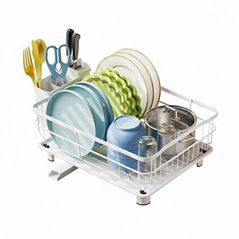 Iron Dish Drying Rack Auto Drain Tray Removable Cutlery Basket Kitchen Counter Strainer