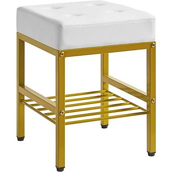 Square PU Vanity Stool with Storage, Adjustable Feet, Multi-Use Footstool