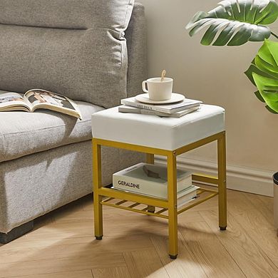 Square PU Vanity Stool with Storage, Adjustable Feet, Multi-Use Footstool