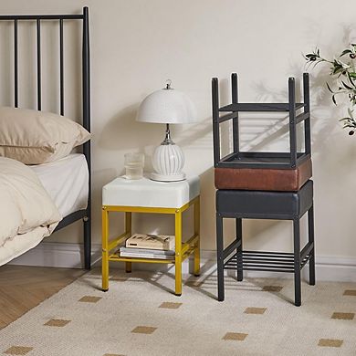 Square PU Vanity Stool with Storage, Adjustable Feet, Multi-Use Footstool