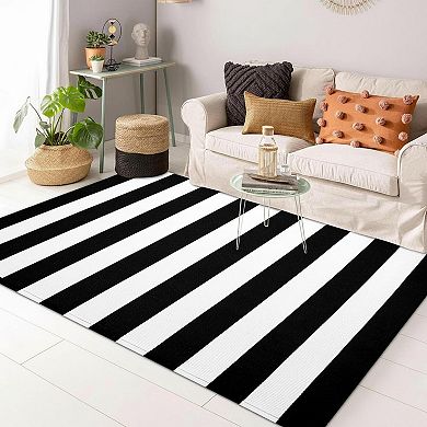 Black White Striped Area Rug Hand Woven Cotton Washable Indoor Outdoor