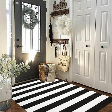 Black White Striped Area Rug Hand Woven Cotton Washable Indoor Outdoor