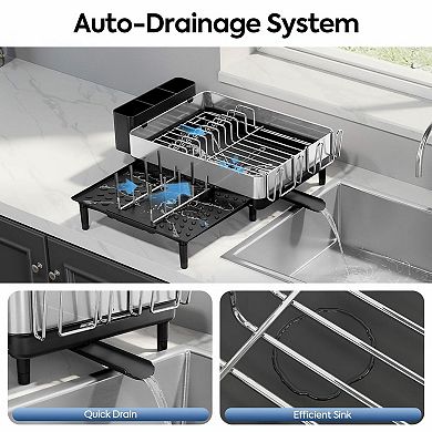 Stainless Steel Dish Drying Rack w/Drain Board Removable Utensil Holder Rust-proof Large Capacity 10