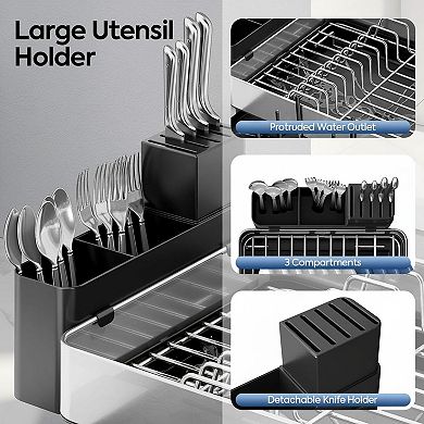 Stainless Steel Dish Drying Rack w/Drain Board Removable Utensil Holder Rust-proof Large Capacity 10