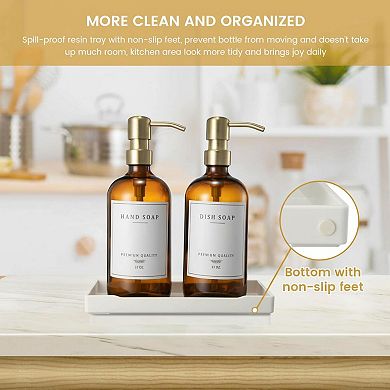 Glass Soap Dispenser Set with Tray Waterproof Labels Rustproof Pump Kitchen Bathroom Decor