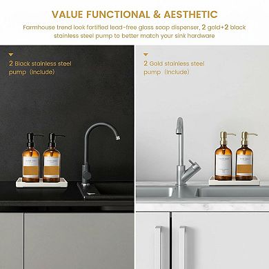 Glass Soap Dispenser Set with Tray Waterproof Labels Rustproof Pump Kitchen Bathroom Decor