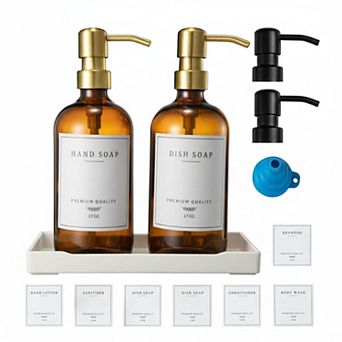 Glass Soap Dispenser Set with Tray Waterproof Labels Rustproof Pump Kitchen Bathroom Decor