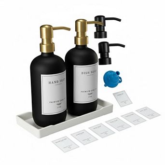 Glass Soap Dispenser Set with Tray Waterproof Labels Rustproof Pump Kitchen Bathroom Decor